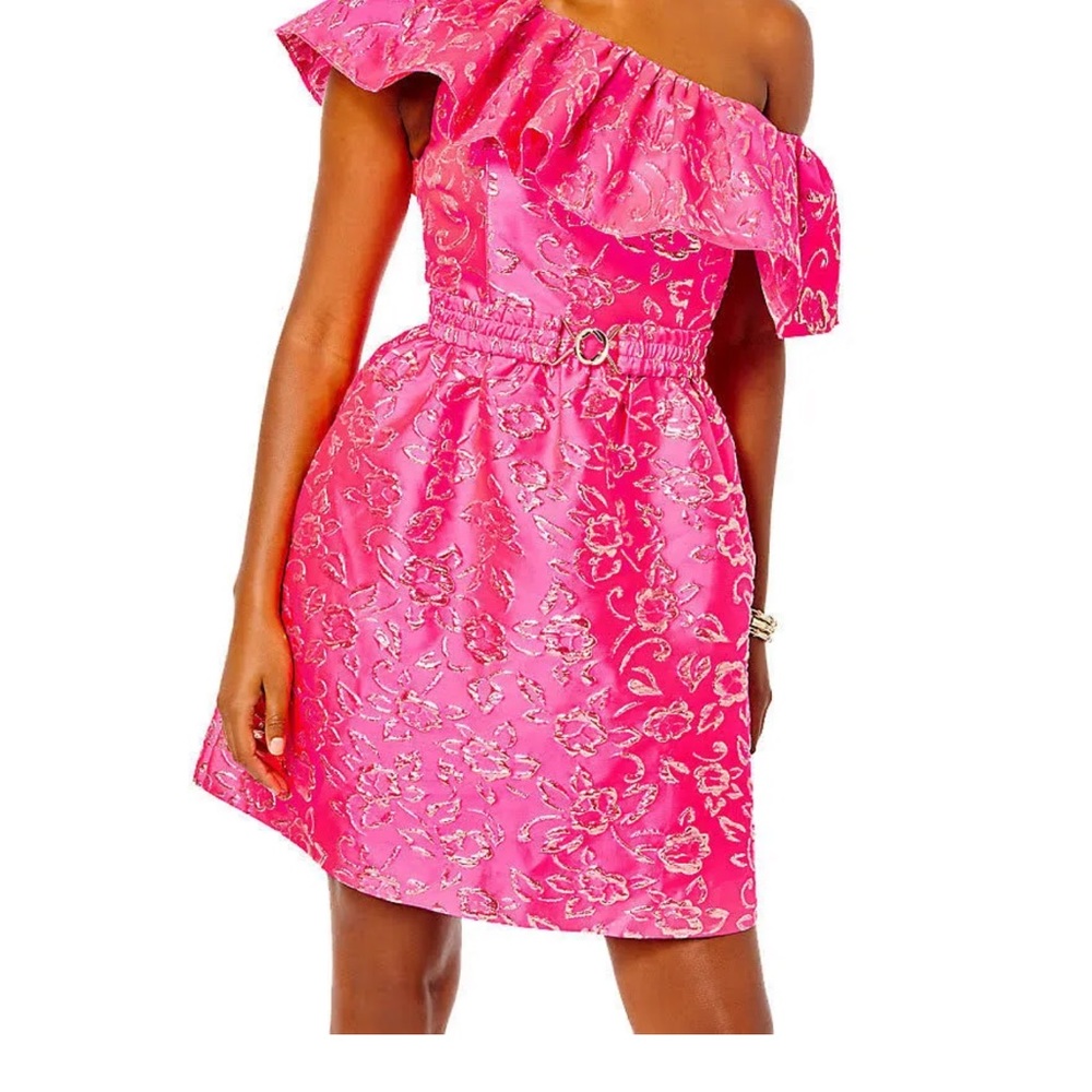 Lilly Pulitzer,Shannie,one shoulder pink grenadine gold puff flora broca size 8.